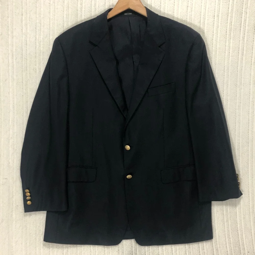 Ralph Lauren Wool Blazer Navy Blue Gold Button Mens Size 44R Classic Sport Coat